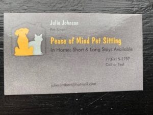 A business card for peace of mind pet sitting.